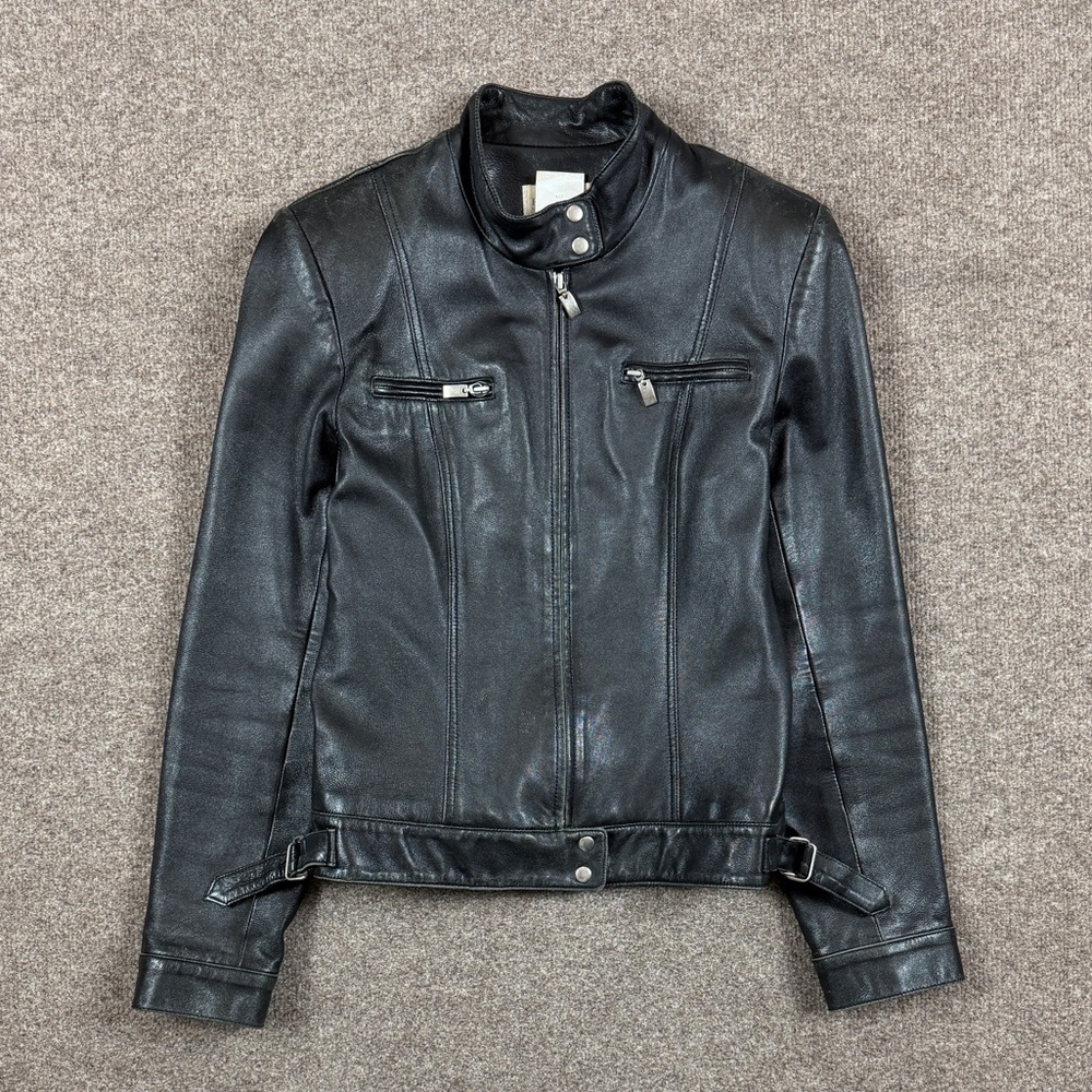 Vintage Hugo Buscati Black Leather Moto Biker Jacket Distressed Patina Women’s M